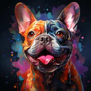 Colorful digital painting of a smiling French bulldog with orange and blue fur splashes against a dark background.
