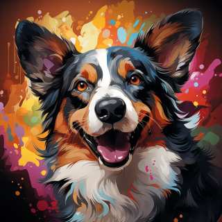 Bright colorful illustration of a happy Cardigan Welsh Corgi with abstract paint splash background.