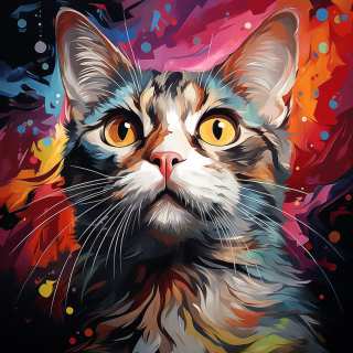 Bright colorful portrait of an American Wirehair cat with expressive eyes and abstract paint splashes.
