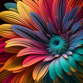 Close-up digital illustration of a vividly colored African daisy with rainbow-hued petals spiraling around a teal center.