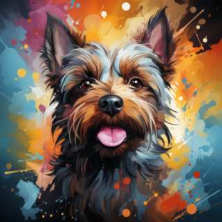 Bright artistic painting of a Cairn Terrier with expressive face and abstract colorful background.