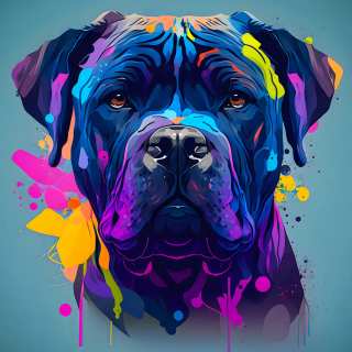 Bold neon-style digital portrait of a Cane Corso dog with colorful paint splashes and strong expression.