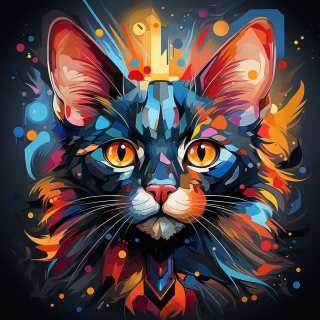 Vibrant digital illustration of a cat's face with striking yellow eyes, surrounded by abstract splashes of red, blue, and orange color.