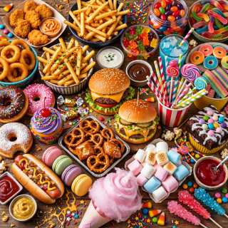 Flat lay of assorted fast food, desserts, and candy including burgers, fries, donuts, macarons, gummy candies, chocolate sauce, and colorful decorative elements on a wooden background