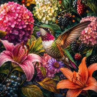 A green and pink hummingbird with outstretched wings amid pink hydrangeas, orange and pink lilies, white daisies, blackberries, and blueberries in a richly detailed garden composition
