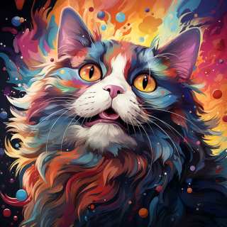 A close-up digital art portrait of a cat with vibrant, multicolored fur and wide yellow eyes.