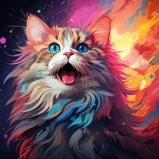 Bright artistic portrait of a fluffy Birman kitten with colorful fur and vivid abstract background.